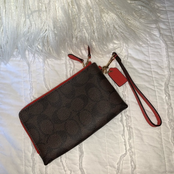 Coach double corner zip wristlet brown/ red - Picture 3 of 6
